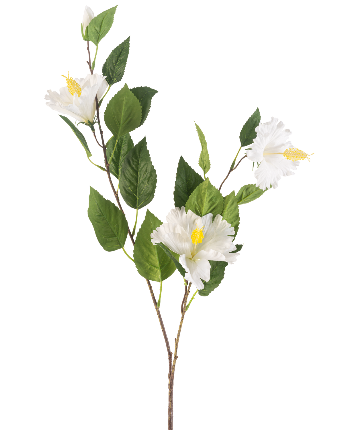 La Fleur Artificielle Hibiscus 89 cm crème possède une branche aux feuilles vertes et trois fleurs d'hibiscus de couleur crème avec des étamines jaunes sur un fond uni blanc.