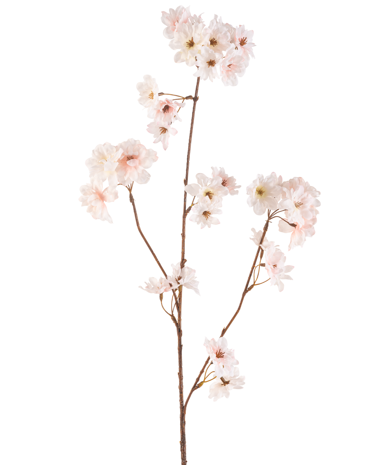 La Fleur Artificielle Fleur de Cerisier 85 cm blush possède une seule tige marron avec de multiples branches, chacune décorée de délicates fleurs de cerisier rose, sur un fond blanc uni.