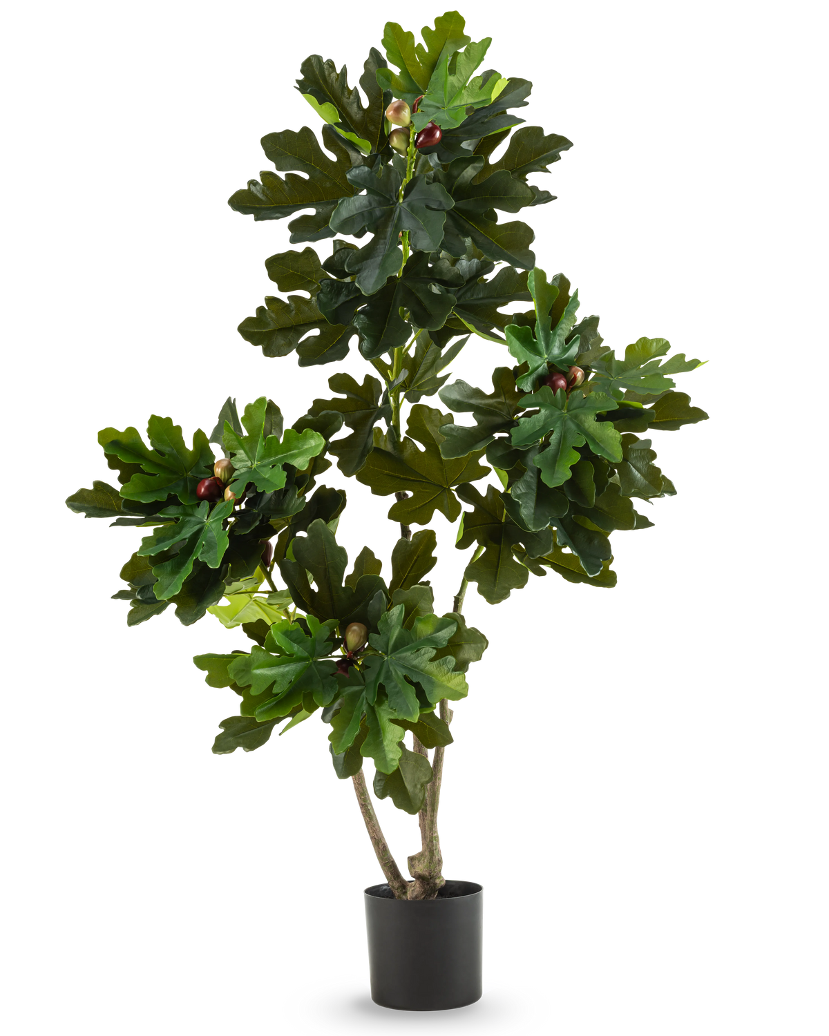 La Plante Artificielle Ficus Carica Figuier 150 cm est un figuier artificiel en pot avec de multiples branches, de grandes feuilles vertes et des petites fausses figues violet foncé dans un simple pot noir sur un fond uni blanc.