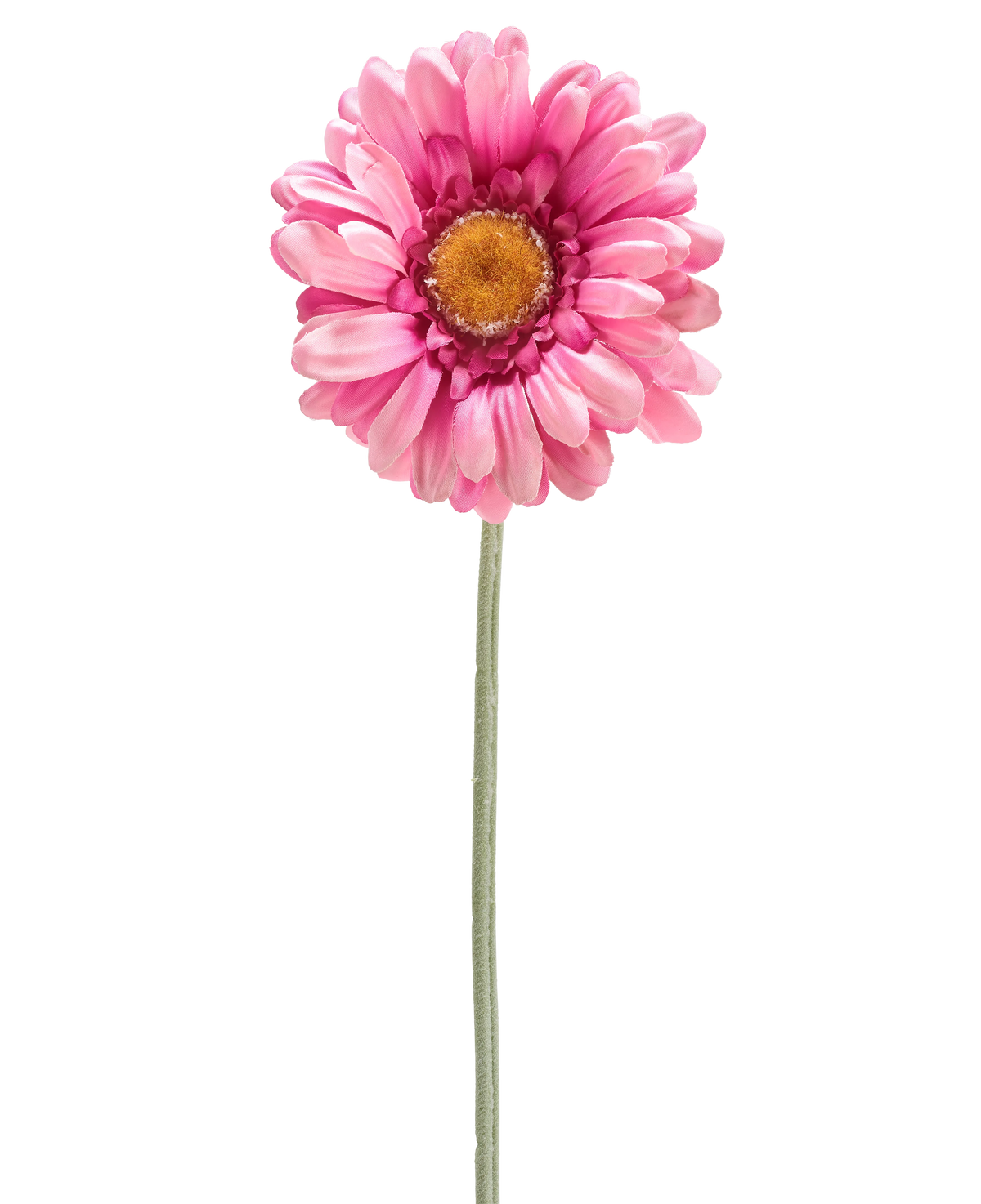 La Fleur Artificielle Gerbera 53 cm rose foncé est une simple marguerite artificielle rose foncé avec un coeur jaune sur une longue tige verte, isolée sur fond blanc.