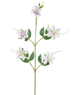Une seule fleur artificielle Alstroemeria de 47 cm, tige rouge/violet avec différentes branches et feuilles, avec cinq fleurs rouge-violet avec un cœur jaune, sur fond blanc.