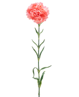 L'Œillet Fleur Artificielle 68 cm rose saumon est un œillet artificiel unique avec des volants de pétales rose saumon, une longue tige verte et plusieurs feuilles vertes, isolées sur un fond blanc.