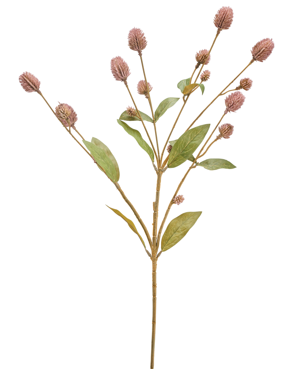 La Fleur Artificielle Globosa 69 cm mauve est une tige artificielle unique comportant de multiples branches, des feuilles vertes allongées et des bouquets de petits boutons floraux mauves, sur un fond blanc.