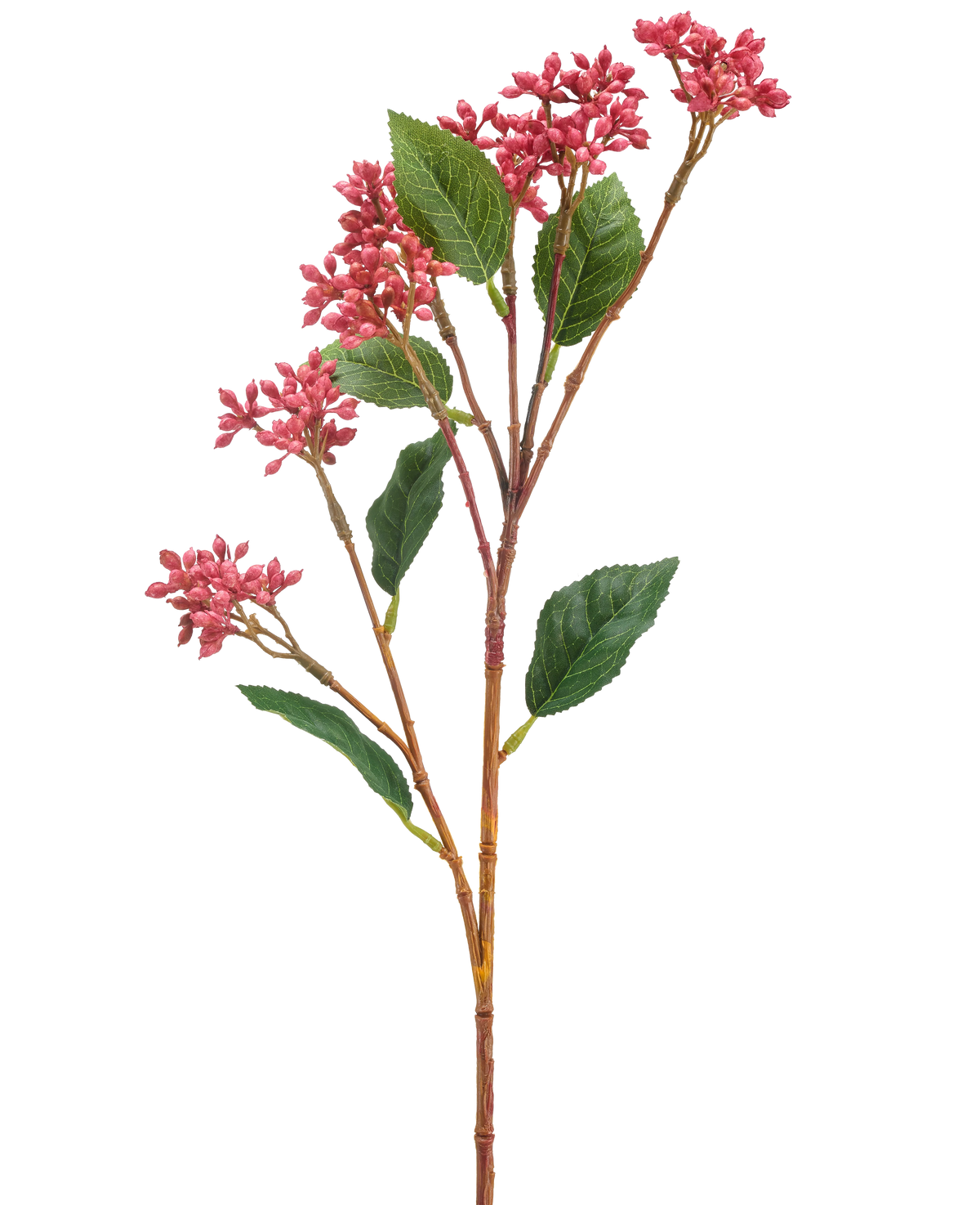 La Fleur Artificielle Baie du Japon 62 cm rose foncé possède une seule tige artificielle avec des bouquets de petites fleurs rose foncé et quelques feuilles vertes, sur un fond blanc.