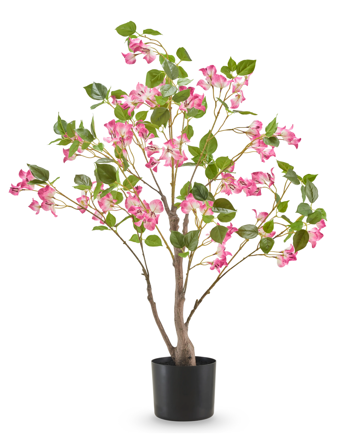 Le Bougainvillier Artificiel 90 cm est une plante artificielle en pot avec de multiples branches, des feuilles vertes et de nombreuses fleurs roses dans un simple pot noir, représentée sur un fond blanc uni.