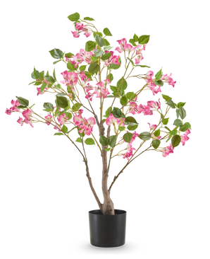 Le Bougainvillier Artificiel 90 cm est une plante artificielle en pot avec de multiples branches, des feuilles vertes et de nombreuses fleurs roses dans un simple pot noir, représentée sur un fond blanc uni.