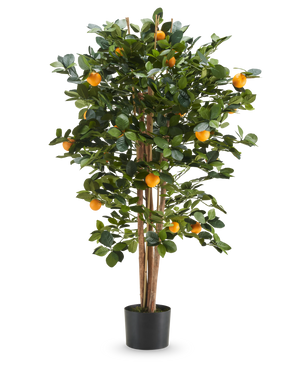 L'oranger artificiel de 120 cm a des feuilles vertes brillantes et des fruits orange vif dans un simple pot noir, parfait pour égayer n'importe quel espace.