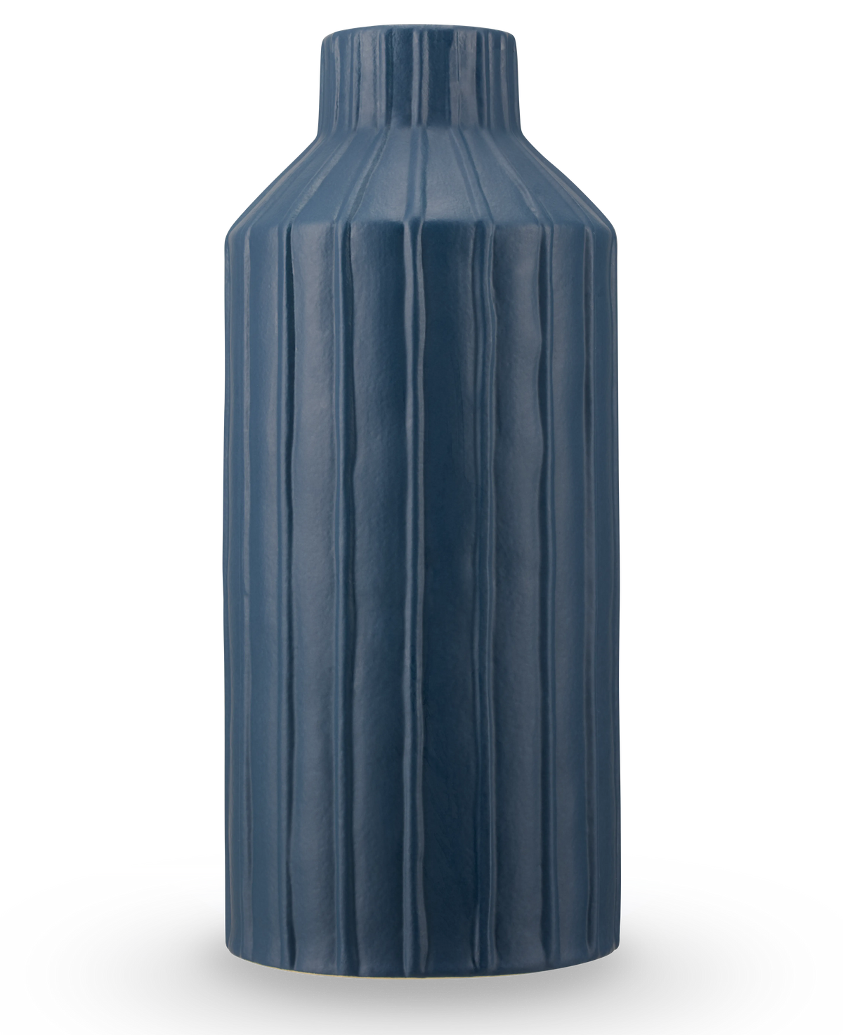 Le Vase Forest Curve 30 cm bleu est un vase cylindrique haut avec des nervures verticales et une finition bleu foncé mate, représenté sur un fond blanc uni.