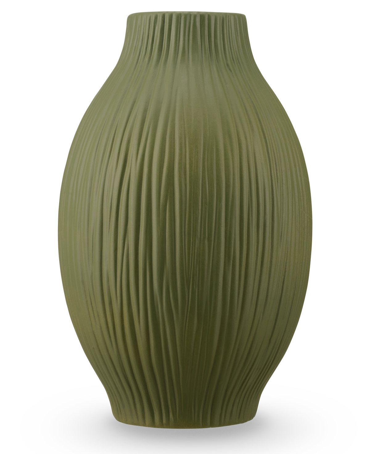Le Vase Silent Leaf 25 cm vert est un vase en céramique verte avec une finition mate et des rainures verticales sur le corps rond légèrement effilé, sur un fond blanc uni.