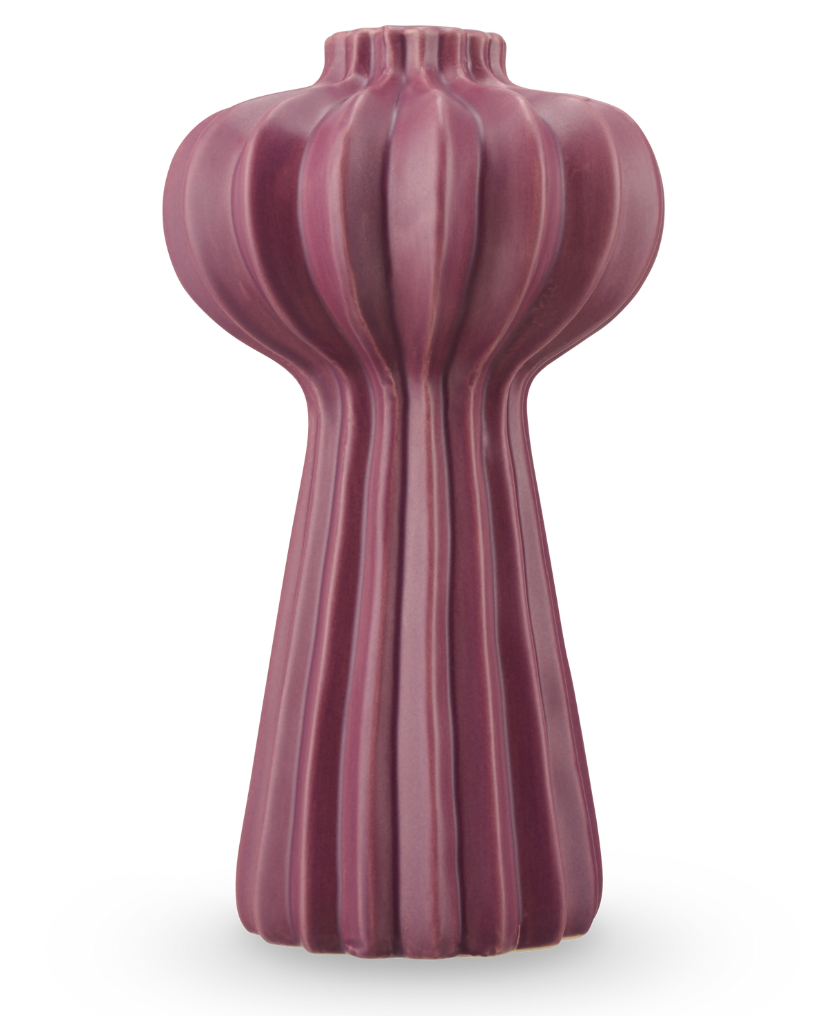 Le Vase Morning Dawdrop 25 cm violet est un grand vase sculptural avec une finition mate violet foncé, des arêtes verticales et un sommet bulbeux qui se rétrécit vers une base élancée, sur un fond blanc uni.
