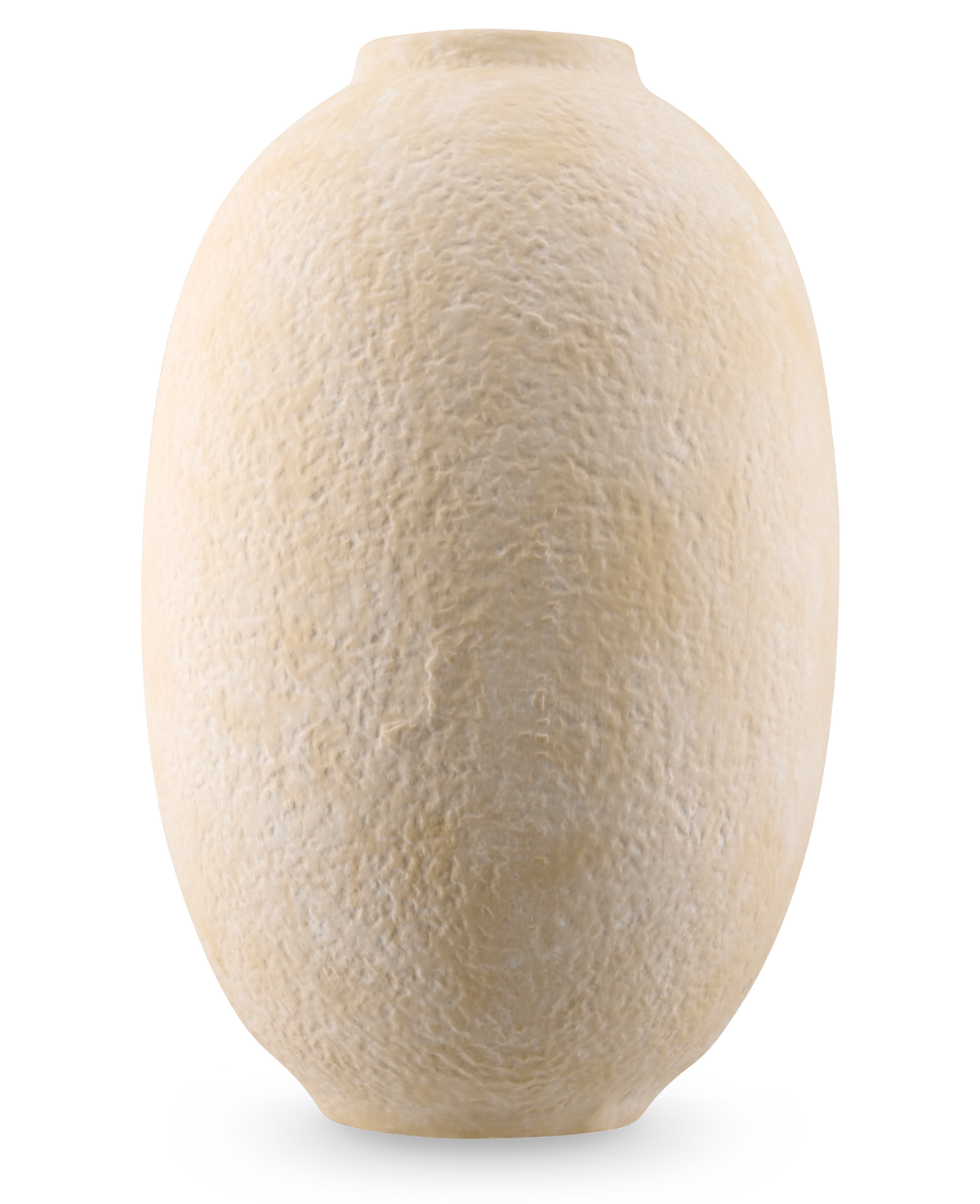 Le Vase Blush Meadow 42 cm beige est un vase rond en céramique avec une surface structurée semblable à de la pierre et une ouverture étroite, représentée sur un fond blanc.