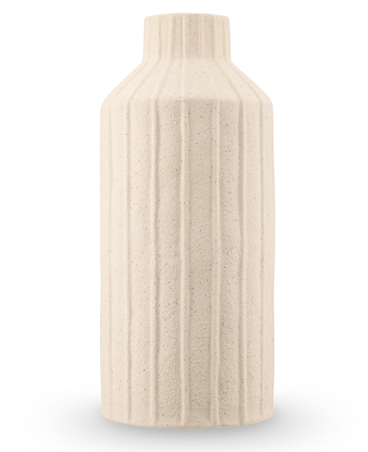 Le vase Forest Curve 30 cm beige est un grand vase cylindrique en céramique avec une surface mate et structurée avec des motifs nervurés verticaux et un col étroit.
