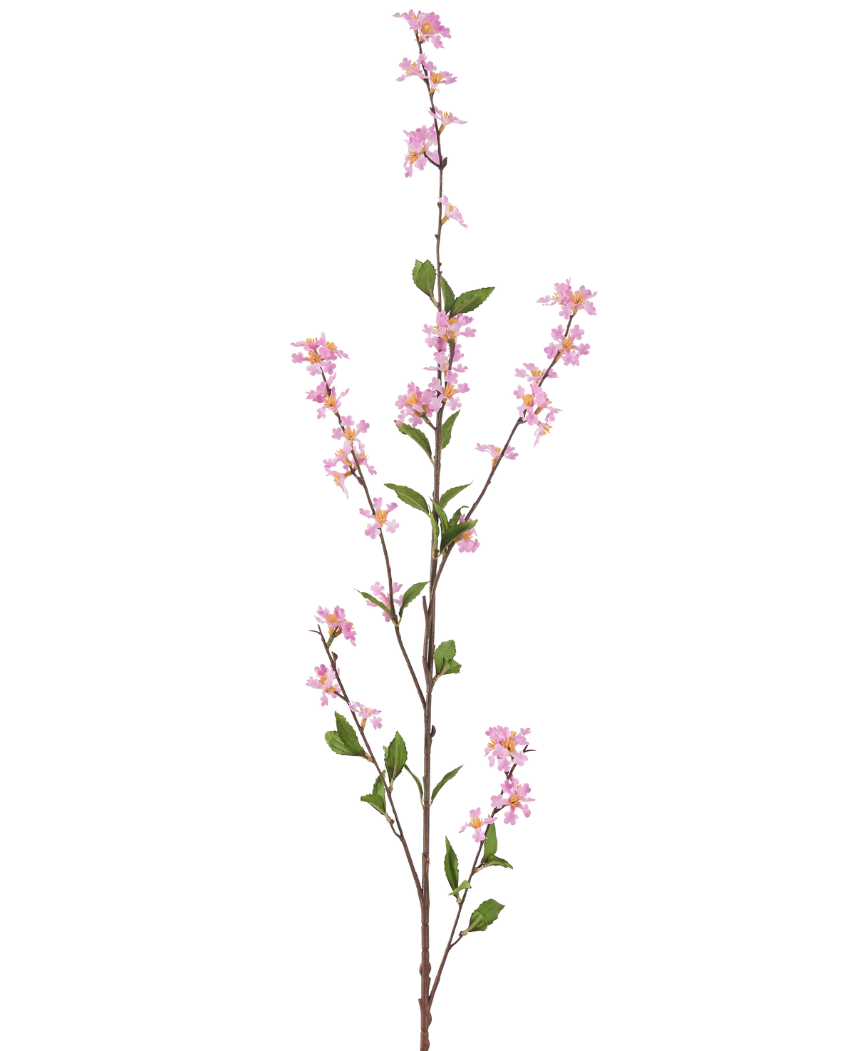 La Fleur Artificielle Flowers 119 cm rose a une haute branche unique avec de petites fleurs roses et des feuilles vertes sur de fines tiges brunes, sur un fond blanc uni.