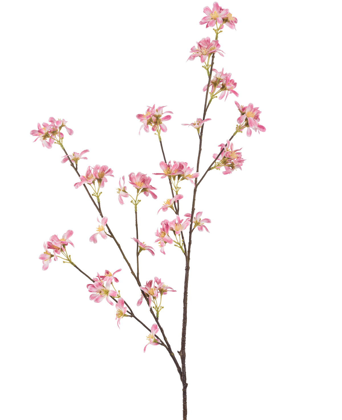 La Fleur Artificielle Flowers 112 cm rose possède une seule branche marron aux multiples ramifications, ornée de bouquets de petites fleurs roses au cœur jaune, sur un fond uni blanc.