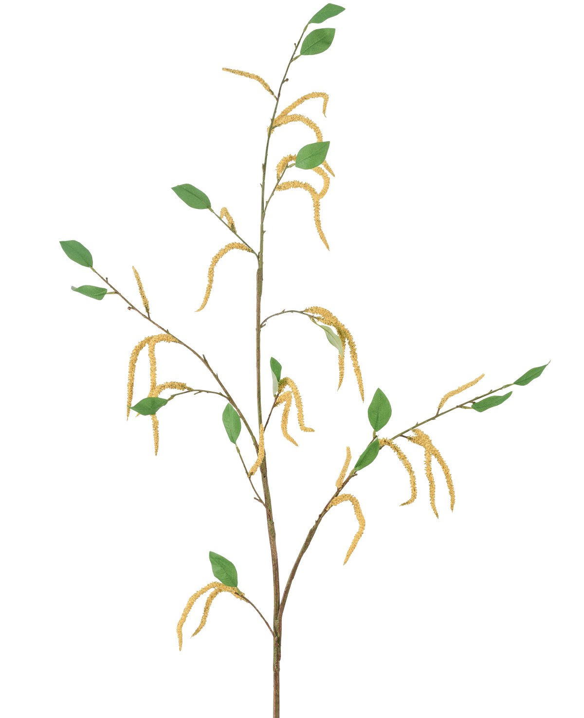 La fleur artificielle Amarante 147 cm jaune se compose d'une branche élancée avec des feuilles vertes et de plusieurs chatons jaunes pendants, représentés sur un fond blanc.