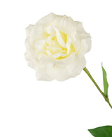 L'Eustoma Artificiel Real Touch Blanc 72cm présente une seule fleur blanche avec des volants dans les pétales et des feuilles vertes, parfaitement isolées sur un fond blanc uni.