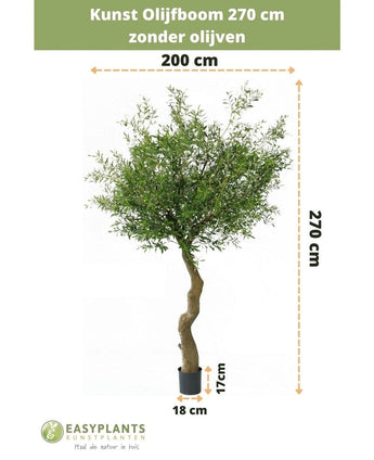 Olivier artificiel 270 cm sans olives en pot, hauteur totale 270 cm et 200 cm de largeur. Le pot convient aux pots décoratifs, hauteur 17 cm, diamètre 18 cm. Le texte néerlandais ci-dessus/ci-dessous indique les tailles et la marque.