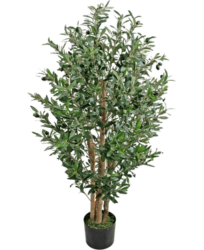 L'Olivier Artificiel 120 cm UV est un grand olivier artificiel avec plusieurs troncs en bois et des feuilles vertes denses dans un petit pot noir.