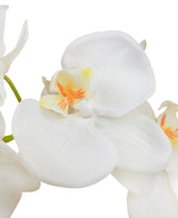 Gros plan de l'Orchidée Artificielle 58 cm blanche, avec des pétales blancs doux avec une touche de jaune et d'orange au centre, sur un fond blanc uni.