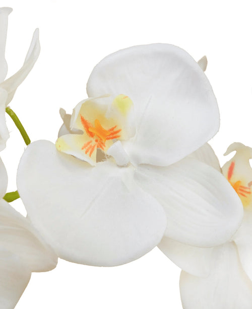 Gros plan de l'Orchidée Artificielle 58 cm blanche, avec des pétales blancs doux avec une touche de jaune et d'orange au centre, sur un fond blanc uni.