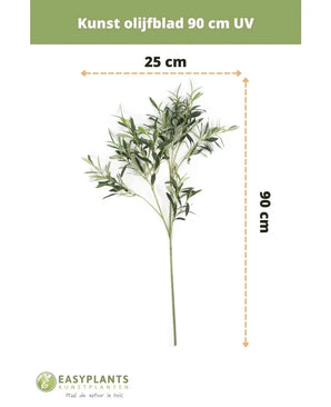 Feuille d'olivier artificielle 90 cm UV de EasyPlants, 90 cm de hauteur et 25 cm de largeur. Cette feuille artificielle résistante aux UV apportera une atmosphère méditerranéenne durable à votre espace grâce à ses feuilles vertes vibrantes.