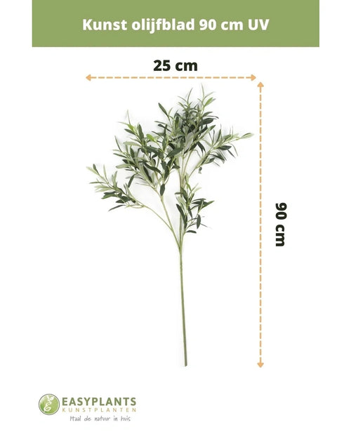Feuille d'olivier artificielle 90 cm UV de EasyPlants, 90 cm de hauteur et 25 cm de largeur. Cette feuille artificielle résistante aux UV apportera une atmosphère méditerranéenne durable à votre espace grâce à ses feuilles vertes vibrantes.