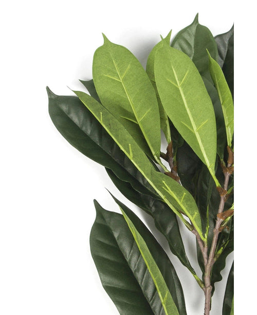 Un gros plan de la feuille artificielle Cyathistipula 63 cm ignifuge montre des feuilles vertes artificielles de différentes nuances avec des nervures visibles, attachées à des tiges brunes, le tout sur un fond blanc.