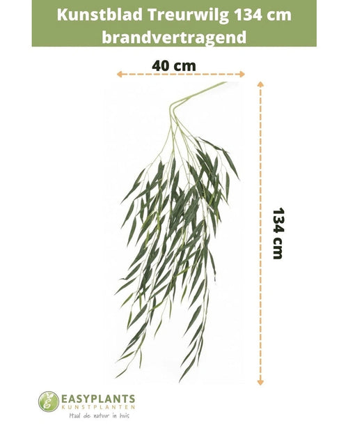 Feuille artificielle Saule pleureur 134 cm ignifuge avec de longues feuilles vertes fines (40 cm de large). Les informations sur la taille et la marque sont affichées en haut et en bas sur un fond blanc.