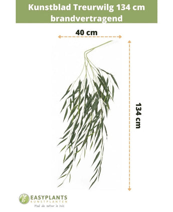 Feuille artificielle Saule pleureur 134 cm ignifuge avec de longues feuilles vertes fines (40 cm de large). Les informations sur la taille et la marque sont affichées en haut et en bas sur un fond blanc.