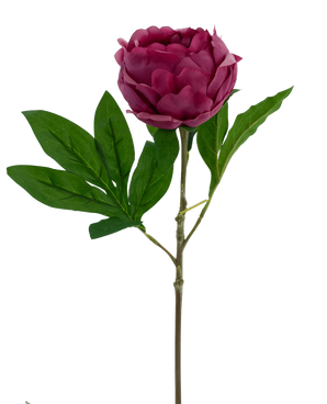 La Fleur Artificielle Lotus Pivoine Real Touch en rouge est une grande fleur artificielle de 58 cm avec des pétales superposés et des feuilles vertes sur une longue tige, isolée sur un fond blanc.