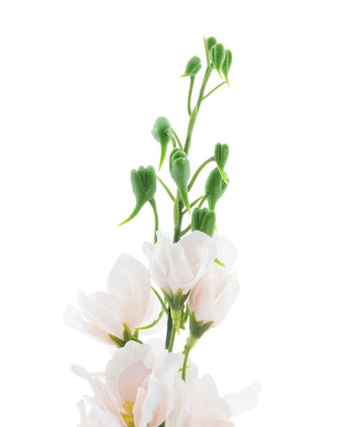 Un gros plan de la fleur artificielle Larkspur Real Touch champagne pa 90 cm, avec des fleurs artificielles rose clair avec des bourgeons et des tiges verts sur un fond blanc.