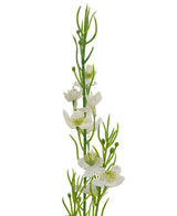 Un gros plan du pot de gazon artificiel millet oignons 65 cm ignifuge, avec des tiges vertes avec de délicates fleurs blanches et de petits bourgeons, disposés verticalement sur un fond blanc uni.
