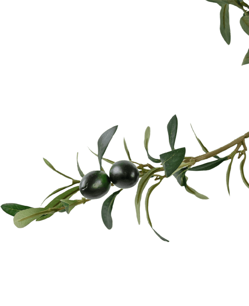 Un gros plan d'une branche feuillue verte avec deux olives foncées, sur un fond blanc uni, souligne le détail réaliste de l'Olivier artificiel UV 180 cm.