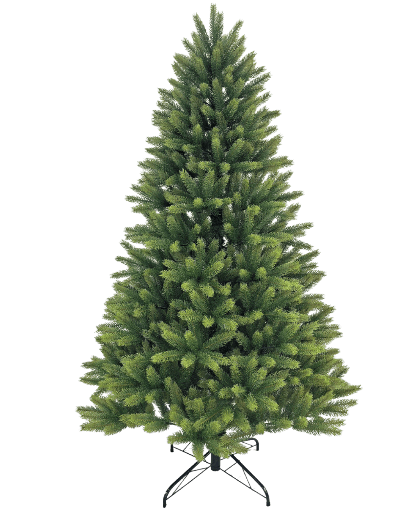 De Kunstkerstboom "Ask" 100% PE heeft dichte, gelijkmatig verspreide groene takken gemaakt van echt PE-naalden. Hij staat op een zwarte metalen standaard en wordt afgebeeld tegen een effen witte achtergrond.