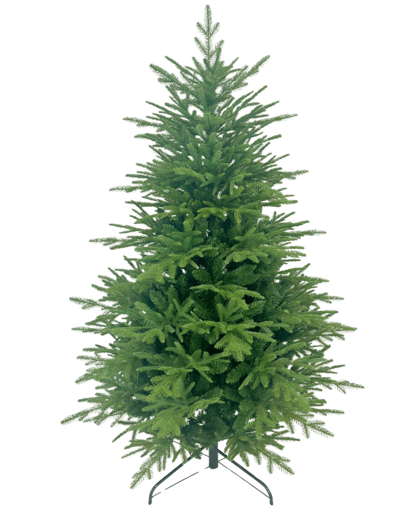 Le Sapin de Noël Artificiel "Åsmund" PE/PVC est un sapin de Noël artificiel vert avec des branches denses, debout sur un support en métal sur un fond blanc uni.