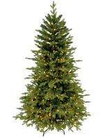 Le Sapin de Noël Artificiel "Ibsen" PE/PVC - Smart LED repose sur une base en métal noir sur un fond blanc, ses branches vertes luxuriantes remplies de petites lumières blanc chaud et sans décorations ni ornements de Noël supplémentaires.