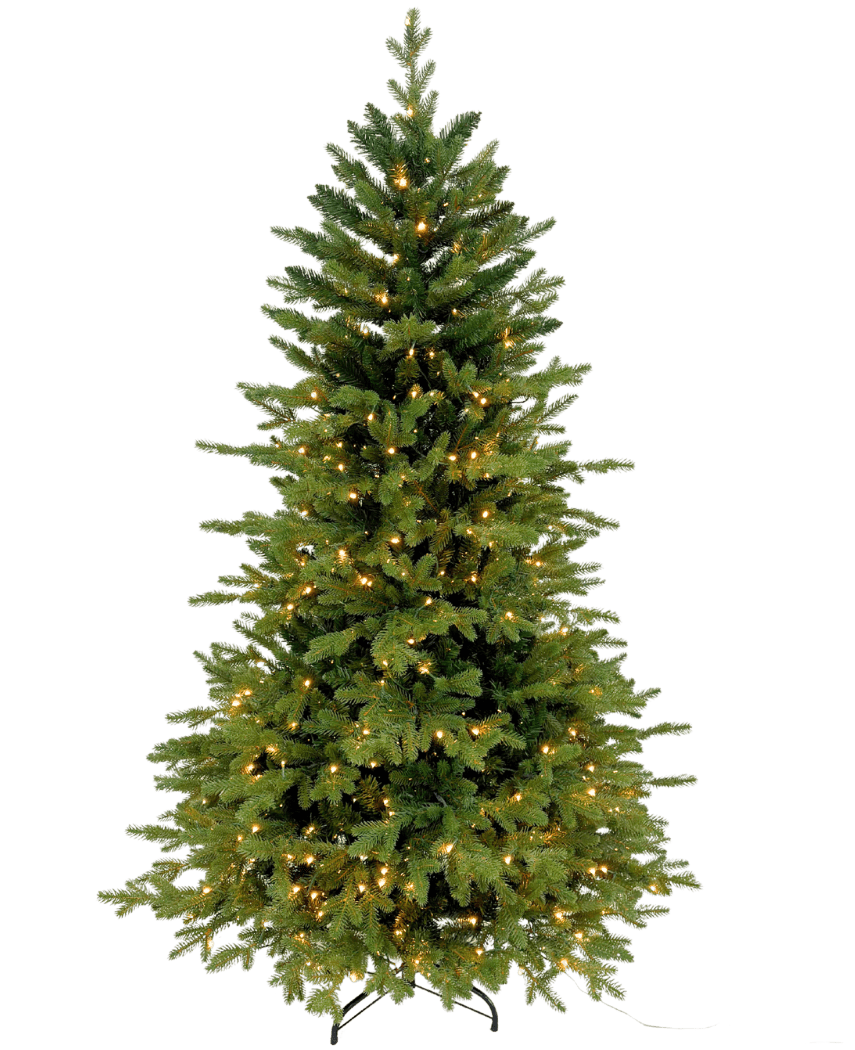 Le Sapin de Noël Artificiel "Ibsen" PE/PVC - Smart LED repose sur une base en métal noir sur un fond blanc, ses branches vertes luxuriantes remplies de petites lumières blanc chaud et sans décorations ni ornements de Noël supplémentaires.