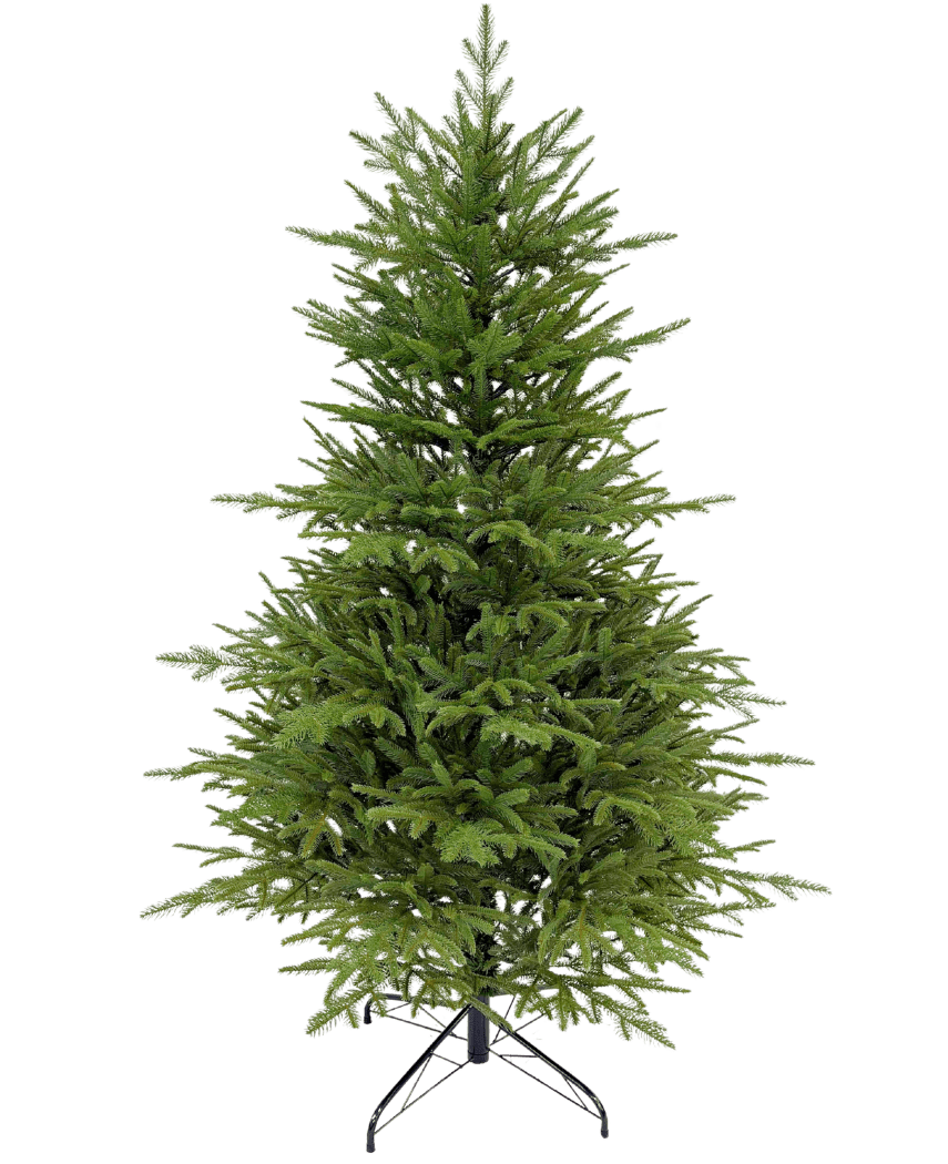 De Kunstkerstboom "Sigrid" 100% PE is een volle, groene kunstkerstboom met dichte PE takken die echt aanvoelen. De boom staat rechtop op een zwarte metalen standaard tegen een effen witte achtergrond.