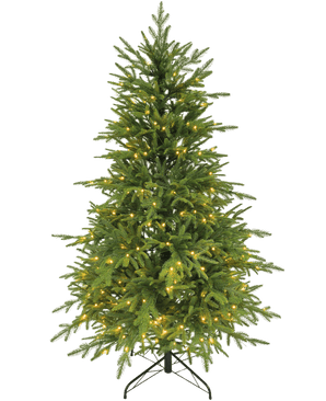 Le sapin de Noël artificiel « Sigrid » (100 % PE) avec des lumières LED intelligentes en blanc chaud se dresse sur un pied en métal sur un fond blanc uni.