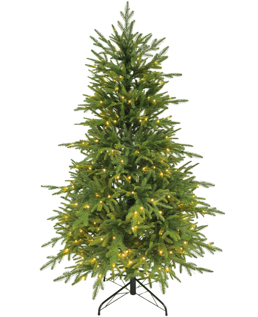 Le sapin de Noël artificiel « Sigrid » (100 % PE) avec des lumières LED intelligentes en blanc chaud se dresse sur un pied en métal sur un fond blanc uni.