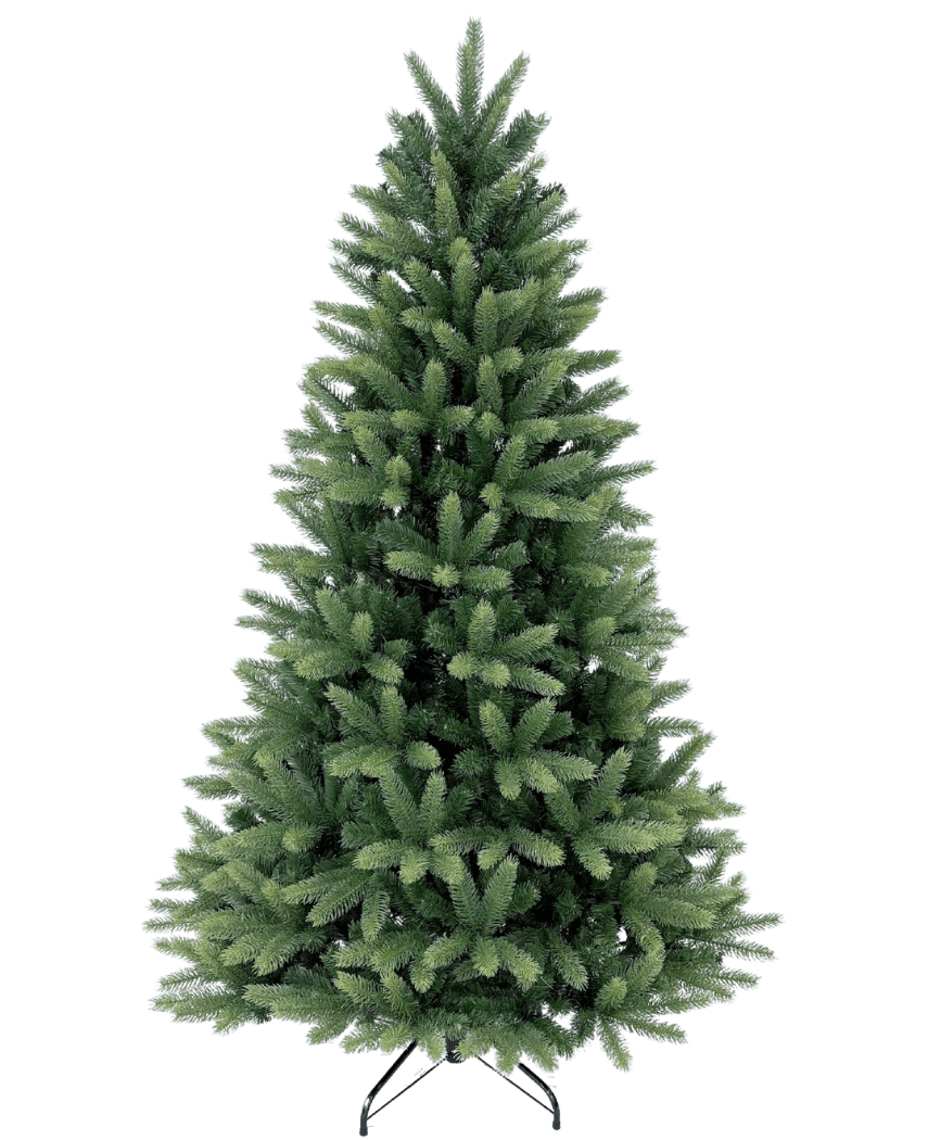 Le Sapin de Noël Artificiel "Weideman" PE/PVC est plein et vert sur un support en métal sur fond blanc uni, prêt à installer vos décorations de Noël préférées.