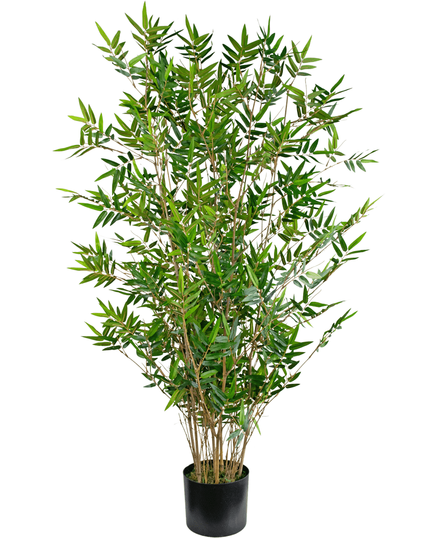 La Plante Artificielle Bamboo Deluxe 120 cm est un grand bambou artificiel avec de multiples tiges fines et de fines feuilles vertes, présenté dans un simple pot noir sur un fond blanc uni.