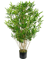 La plante artificielle Bamboo Deluxe 90 cm est un grand bambou artificiel vert feuillu avec des branches fines et des feuilles longues et étroites dans un pot noir, représenté sur un fond blanc uni.