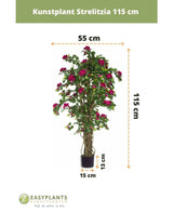 Plante artificielle Bougainvillier Liane Fuchsia, de 115 cm de haut et 55 cm de large, avec des fleurs rose fuchsia en pot (pot : 13 cm de haut, Ø15 cm) pour une ambiance méditerranéenne. Logo et texte EASYPLANTS en bas.