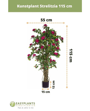 Plante artificielle Bougainvillier Liane Fuchsia, de 115 cm de haut et 55 cm de large, avec des fleurs rose fuchsia en pot (pot : 13 cm de haut, Ø15 cm) pour une ambiance méditerranéenne. Logo et texte EASYPLANTS en bas.