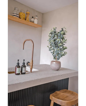Un plan de travail moderne comprend un robinet en laiton, des distributeurs de savon, des tabourets en bois et une plante d'eucalyptus artificielle de 91 cm. Des bocaux en verre contenant des articles de garde-manger sont posés sur une étagère en bois contre un mur de couleur claire.