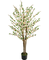 La plante de fleurs de cerisier artificielles 150 cm crème présente de multiples troncs marron, des feuilles vertes et des bouquets de petites fleurs blanches dans un arbre artificiel en pot sur un fond blanc uni.