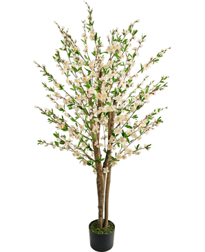 La plante de fleurs de cerisier artificielles 150 cm crème présente de multiples troncs marron, des feuilles vertes et des bouquets de petites fleurs blanches dans un arbre artificiel en pot sur un fond blanc uni.