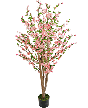 La plante de cerisier artificielle 150 cm rose est un cerisier artificiel avec de multiples troncs marron, des fleurs roses et des feuilles vertes, représentés sur un fond blanc uni.