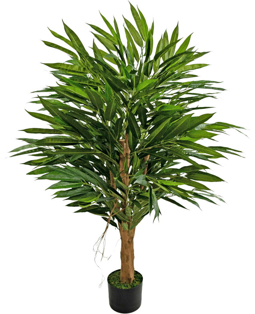 La Plante Artificielle Longfolia 120 cm est un grand arbre artificiel aux feuilles vertes élancées et au tronc marron, dans un pot noir avec de la mousse verte, sur un fond uni blanc.
